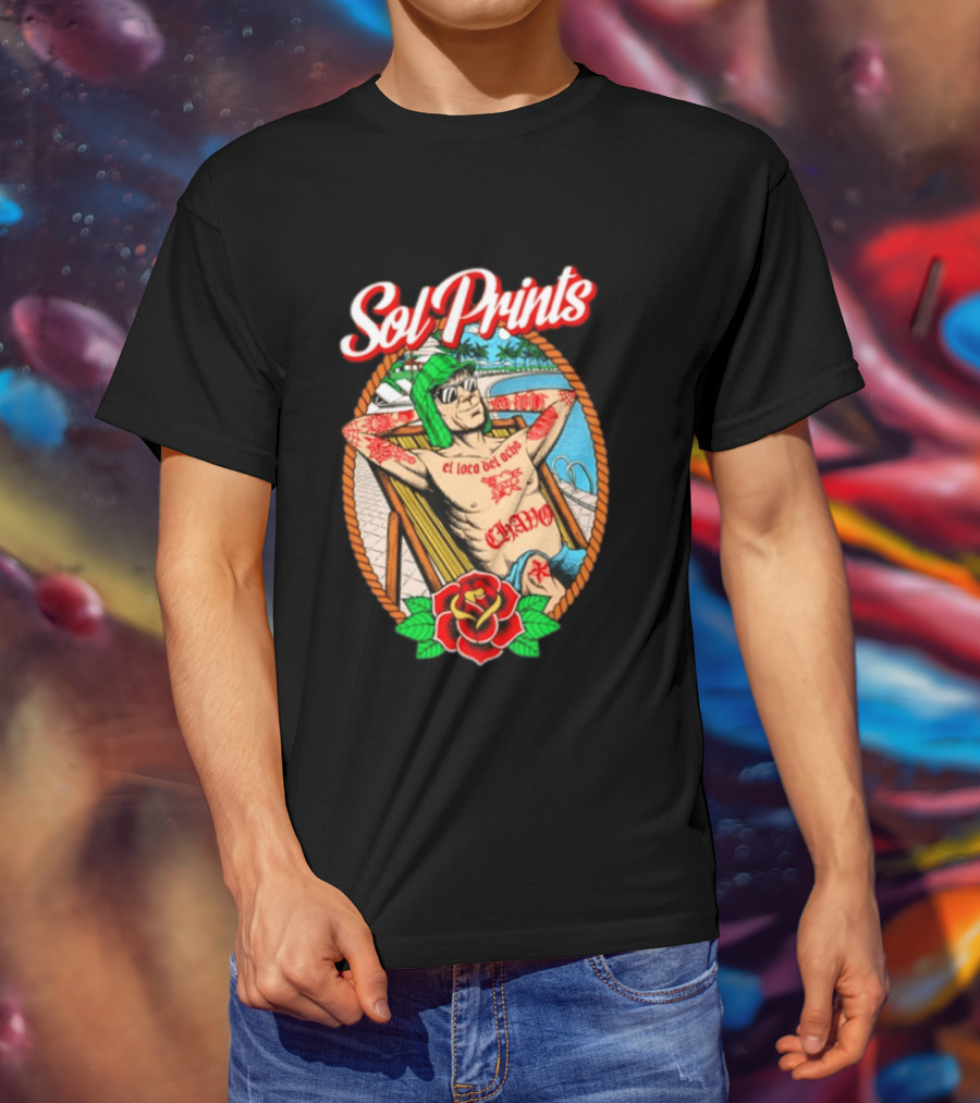 Sol Prints El Loco Del Ocho Chavo Relaxing By The Pool With Tattoos T-Shirt