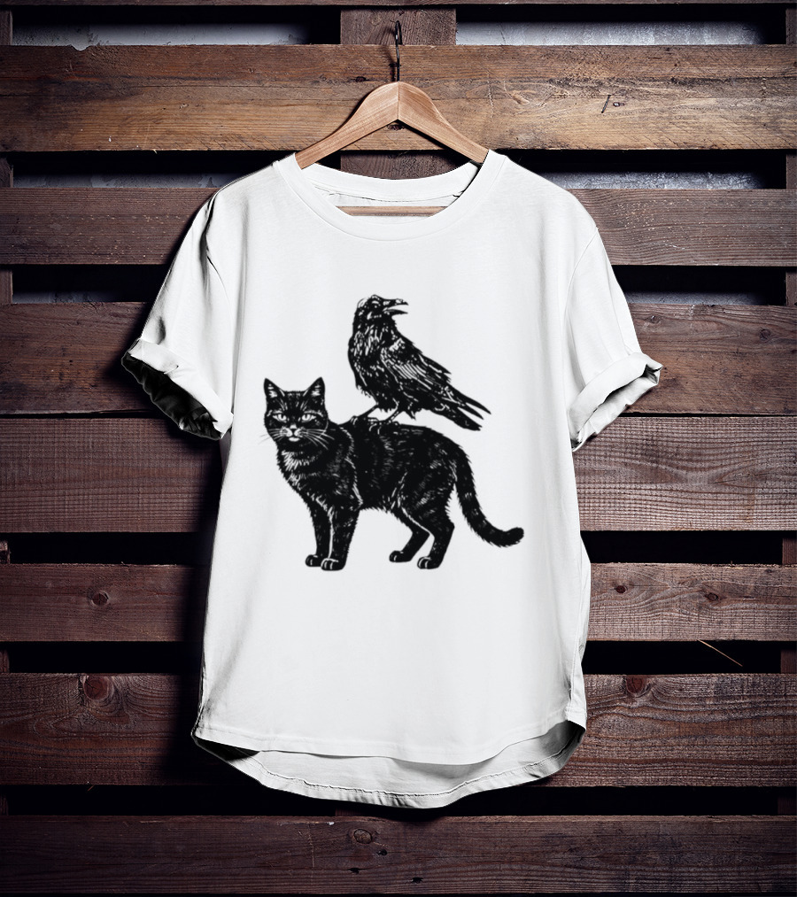 Black Cat And Raven Silhouette Duo T-Shirt