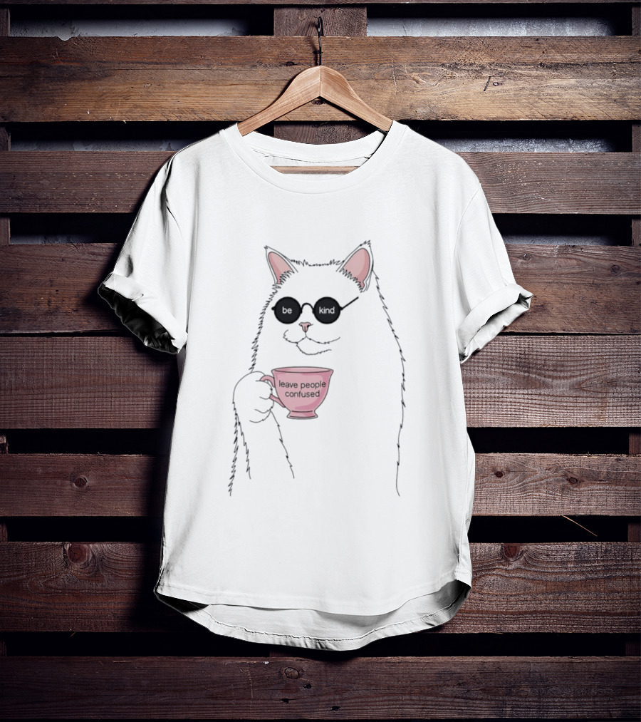 Cat With Sunglasses Holding 'Leave People Confused' Coffee Cup T-Shirt