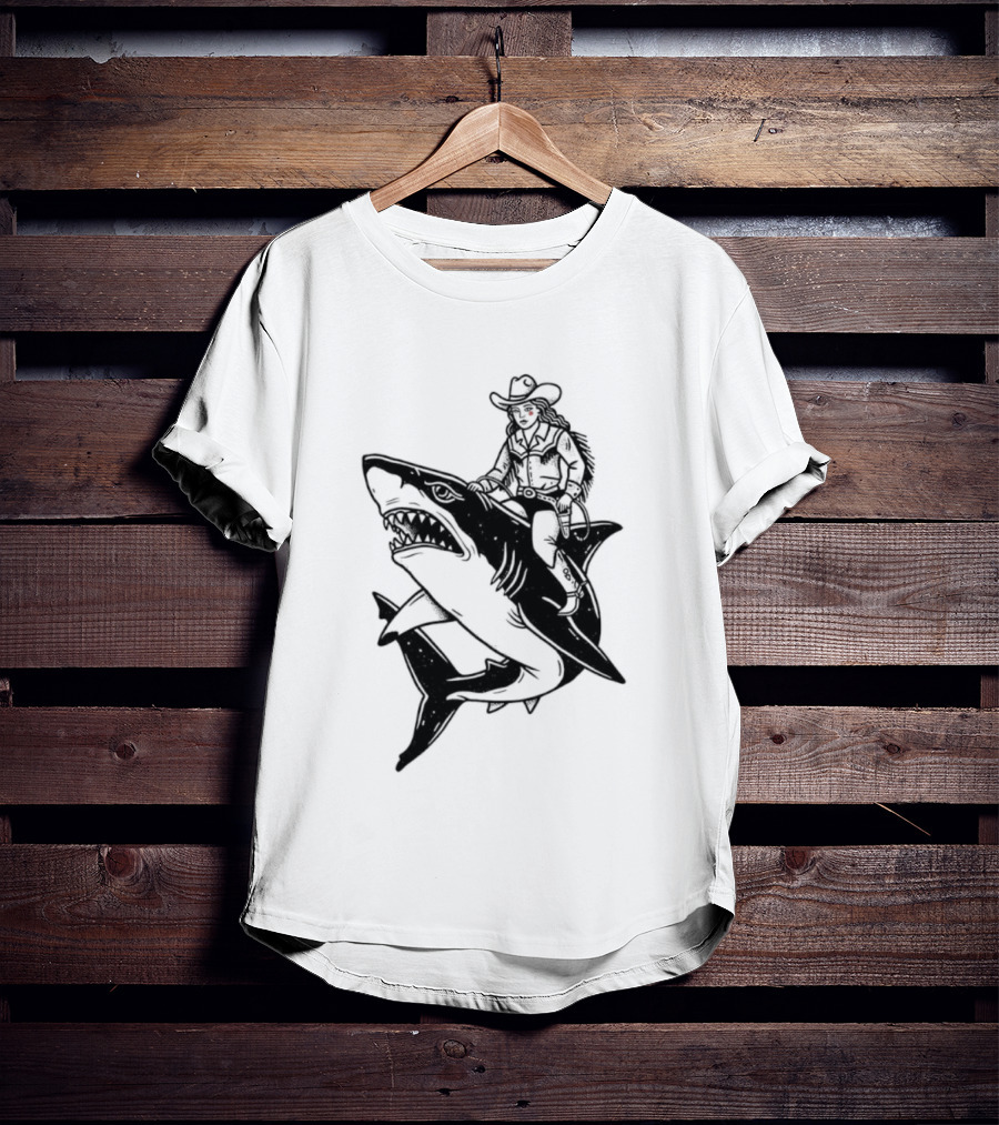 Cowgirl Riding Shark Novelty T-Shirt