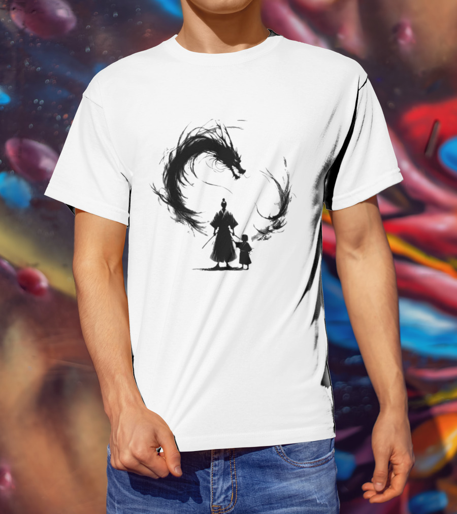 Samurai And Son With Black Dragon Circle T-Shirt