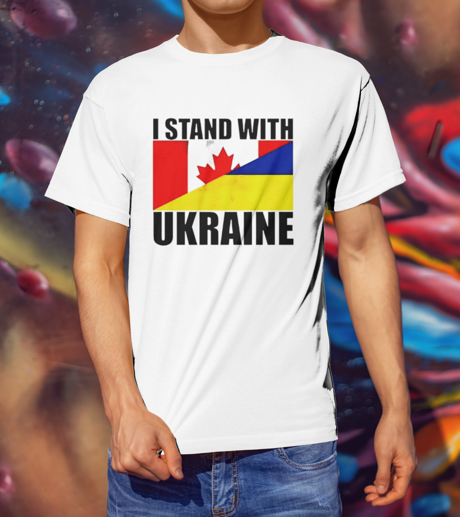 I Stand With Ukraine Canada Flag Maple Leaf Yellow Blue T-Shirt