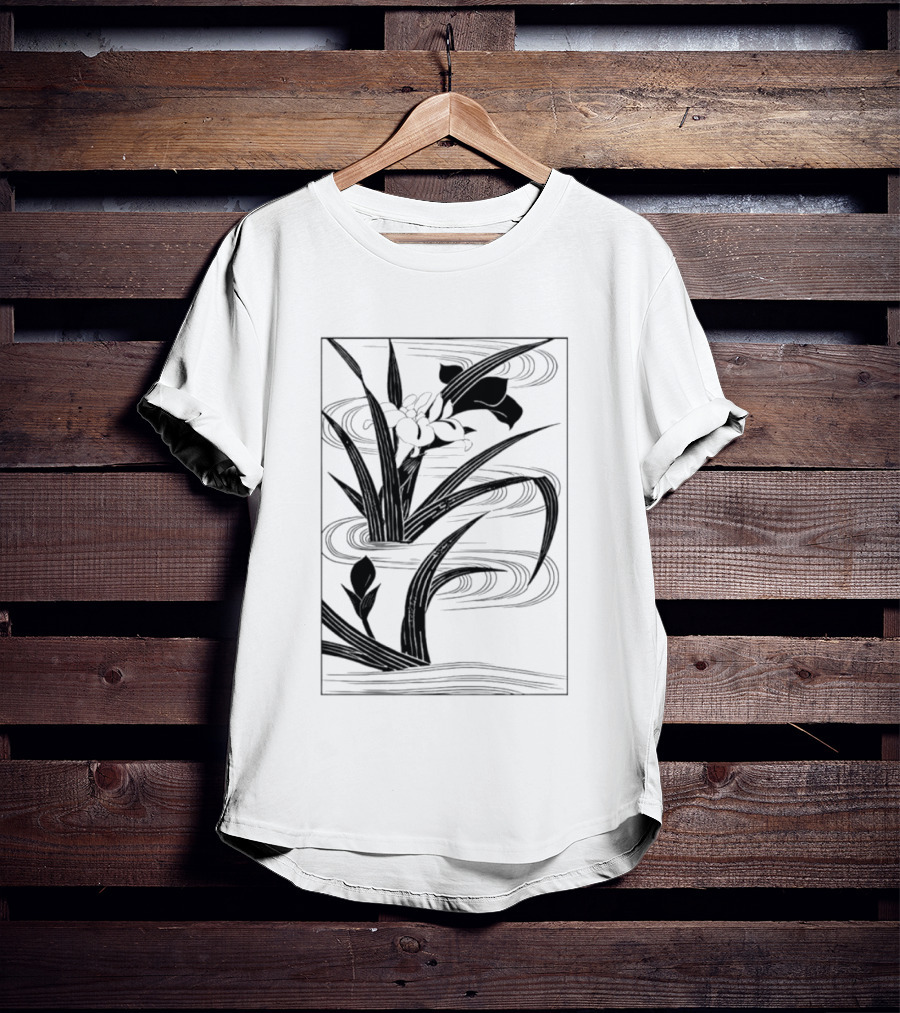 Japanese Black And White Irises In Water With Flowing Waves T-Shirt
