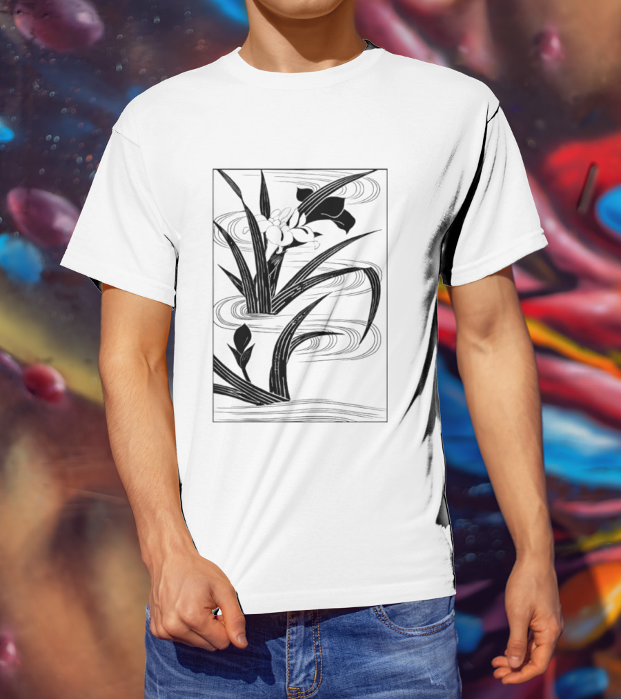 Japanese Black And White Irises In Water With Flowing Waves T-Shirt