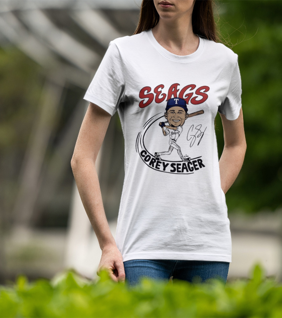 Seags Corey Seager Texas Rangers Slugger Swing Caricature T-Shirt
