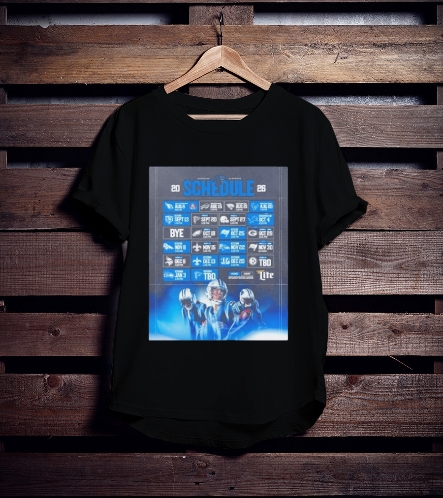 Carolina Panthers 2026 Game Schedule With Player Imagery And Opponent Logos T-Shirt