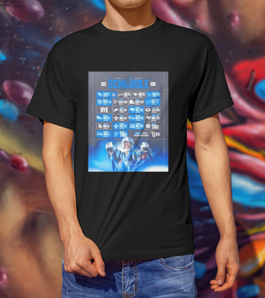 Carolina Panthers 2026 Game Schedule With Player Imagery And Opponent Logos T-Shirt