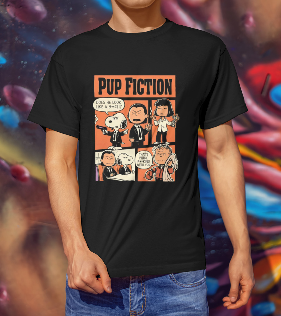 Pup Fiction Peanuts And Pulp Fiction Characters Mashup T-Shirt