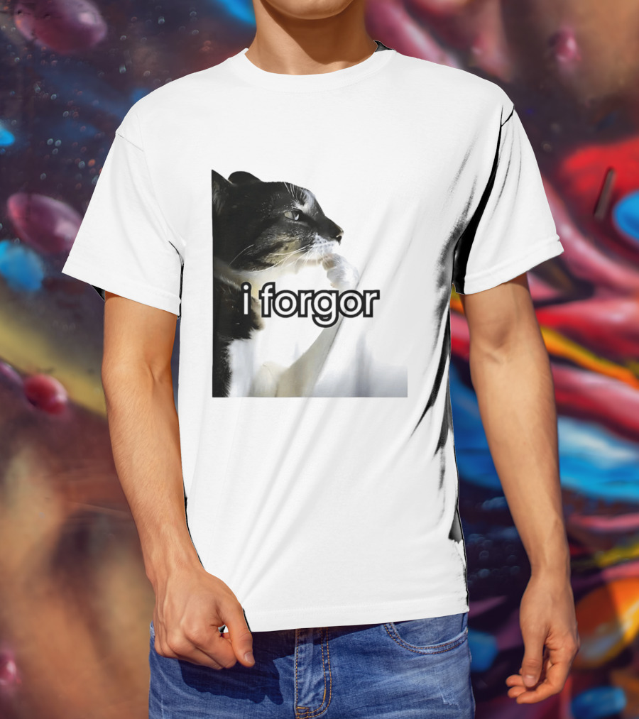 Cat I Forgor Meme Digital Image Paw Licking Pensive Moment T-Shirt