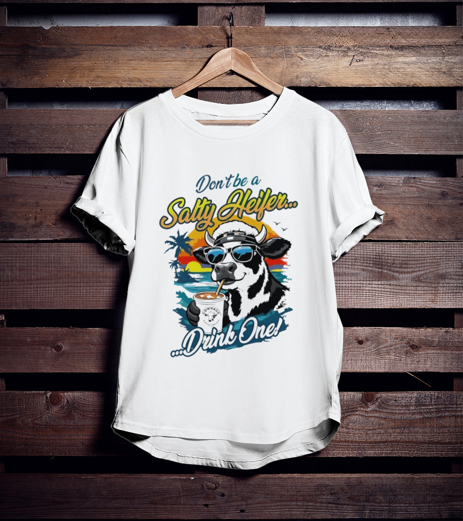 Don't Be A Salty Heifer Drink One Cow Tropical Sunset Beach T-Shirt