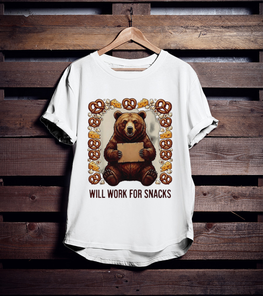 Bear Holding Cardboard Surrounded By Pretzels Cheese Popcorn Will Work For Snacks T-Shirt