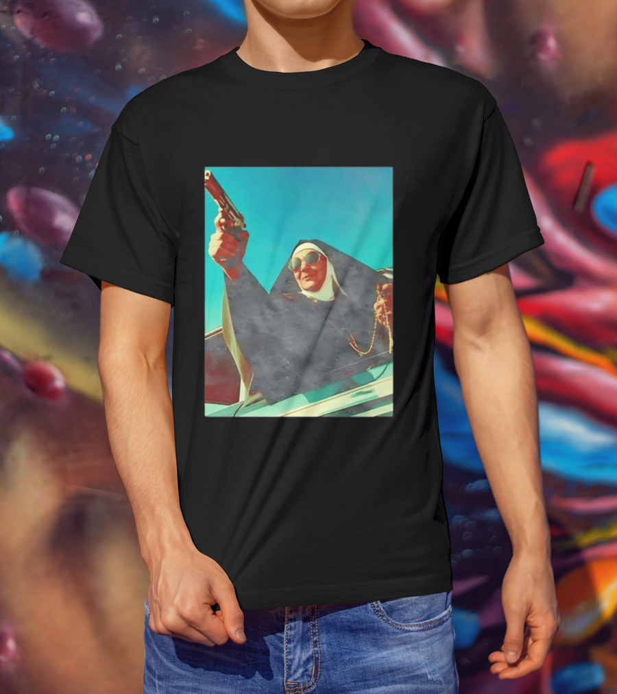 Nun In Black Habit Leaning Out Lowrider With Gun And Rosary T-Shirt