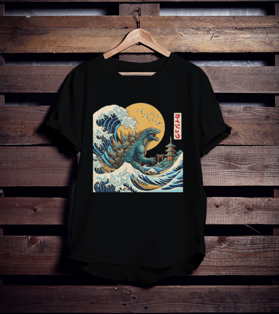 Kaiju Wave Monster Japanese Kawaki Kanji Pagoda Ukiyo E T-Shirt