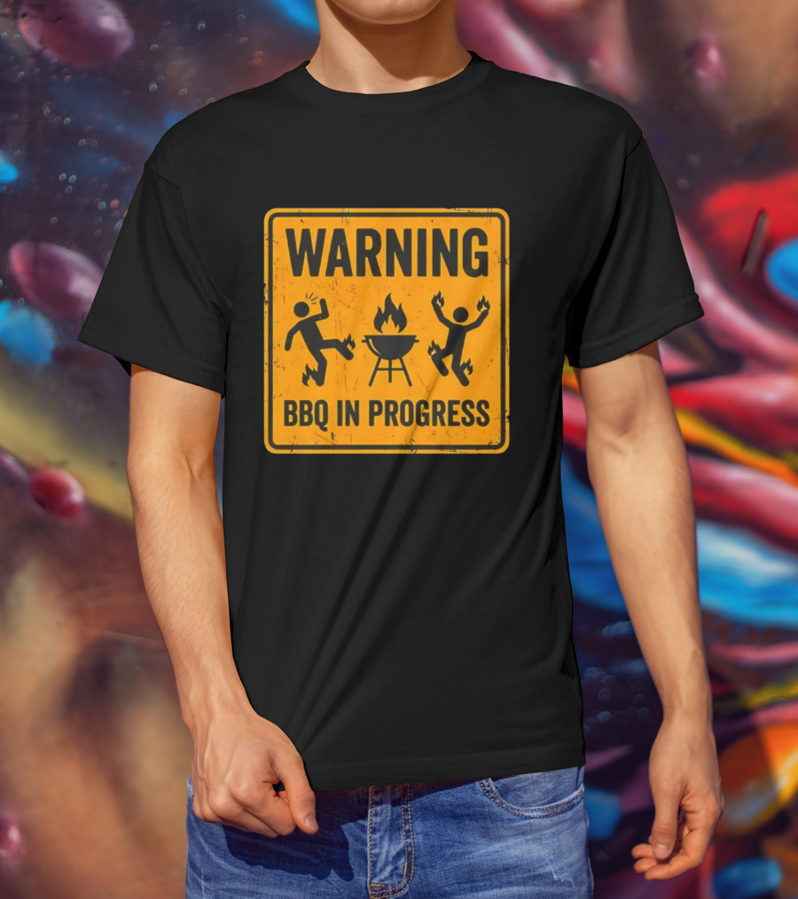 WARNING BBQ In Progress Funny Caution Sign With Flames T-Shirt