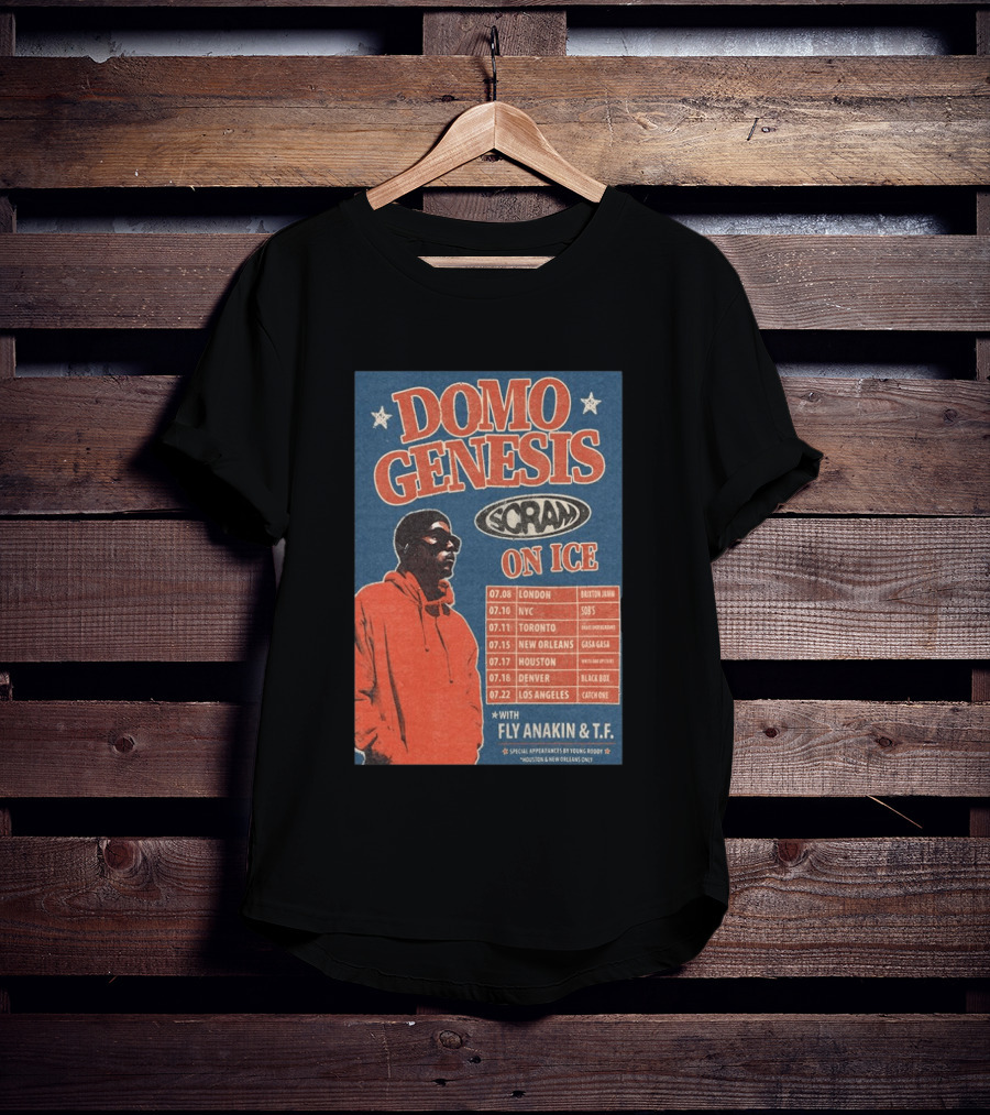 Domo Genesis Scram On Ice World Tour 2026 With Fly Anakin And T.F. London NYC Toronto New Orleans Houston Denver Los Angeles T-Shirt