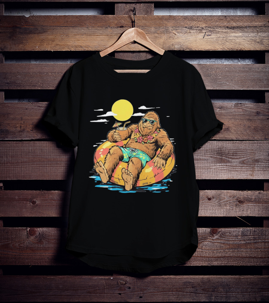 Bigfoot Lounging With A Cocktail In Tropical Beach Getaway Scene T-Shirt