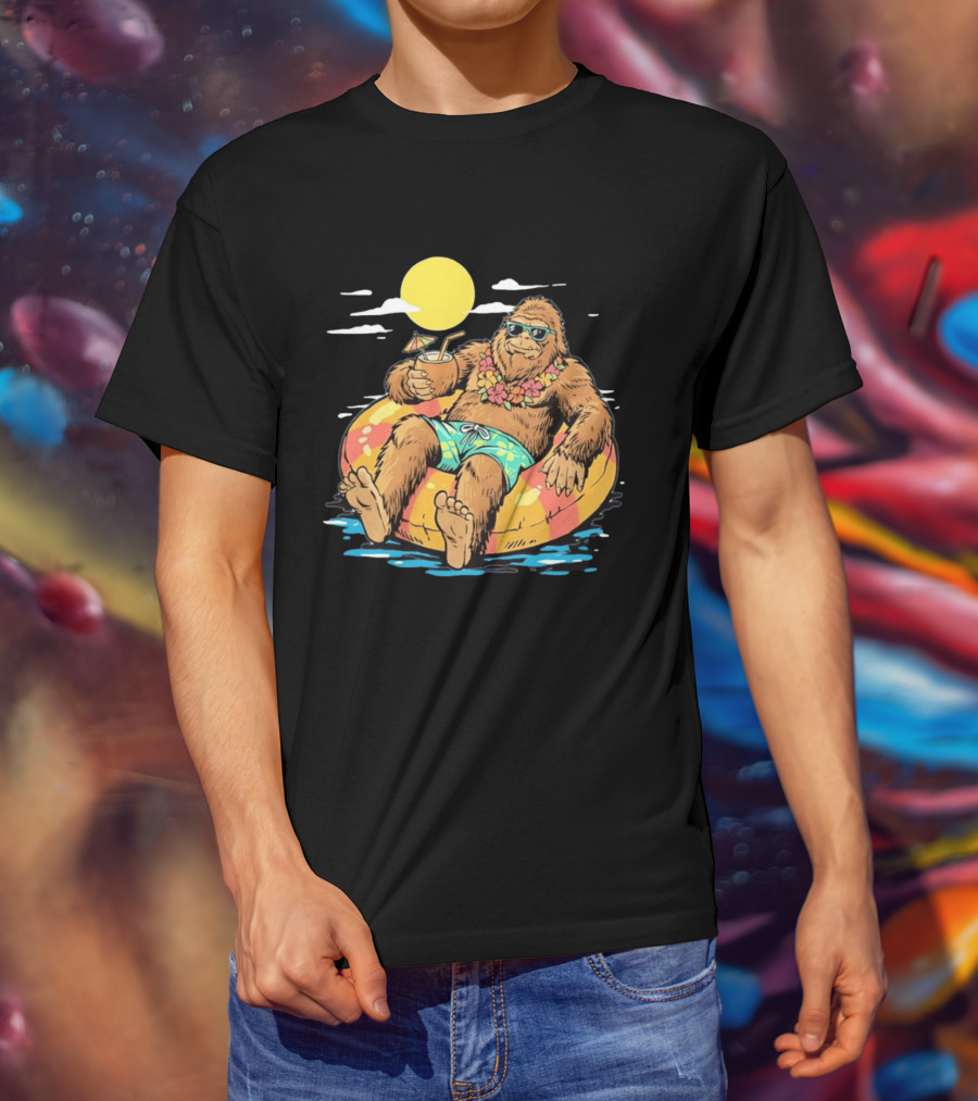 Bigfoot Lounging With A Cocktail In Tropical Beach Getaway Scene T-Shirt