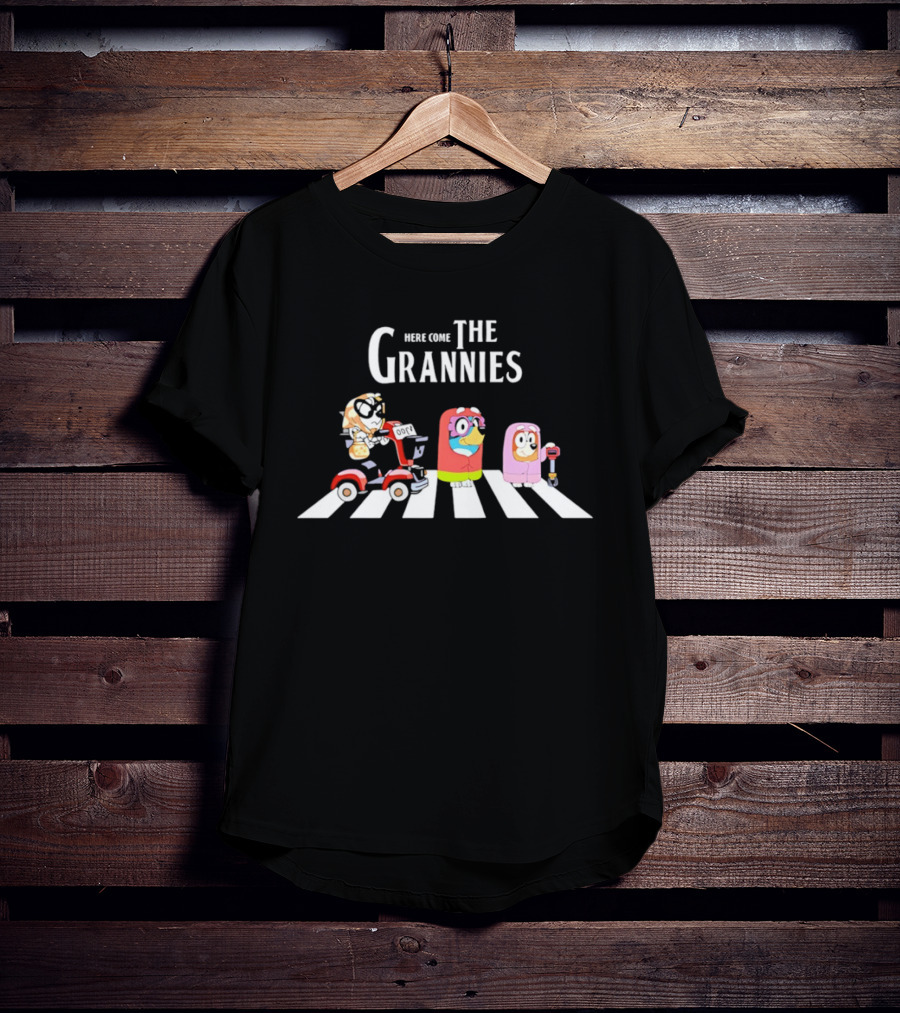 Here Come The Grannies Funny Cartoon Characters On Crosswalk With Electric Scooter T-Shirt