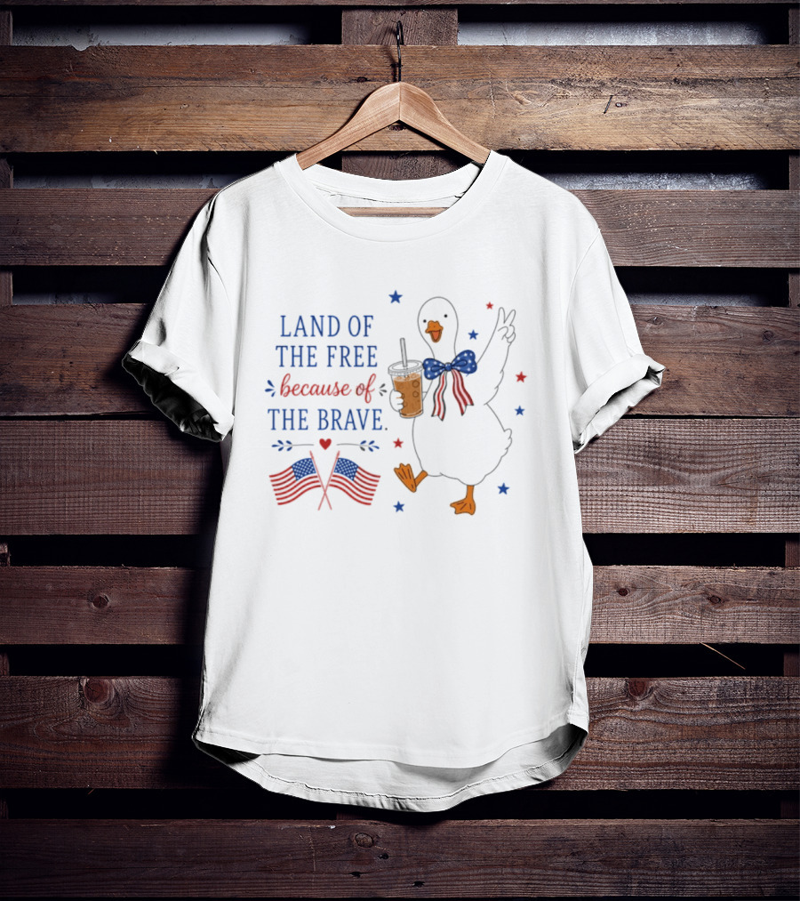 Land Of The Free Because Of The Brave Duck With Flags And Bubble Tea T-Shirt