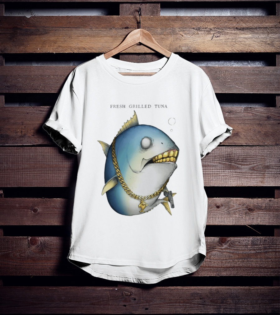 Fish Gun Fresh Grilled Tuna Gangster Chain Gold Teeth T-Shirt