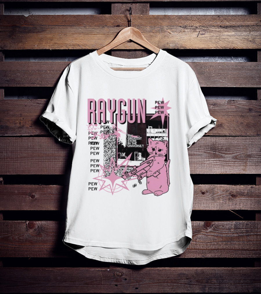 RAYGUN Cat Pew Pew Sci Fi Retro Feline Blaster Adventure T-Shirt