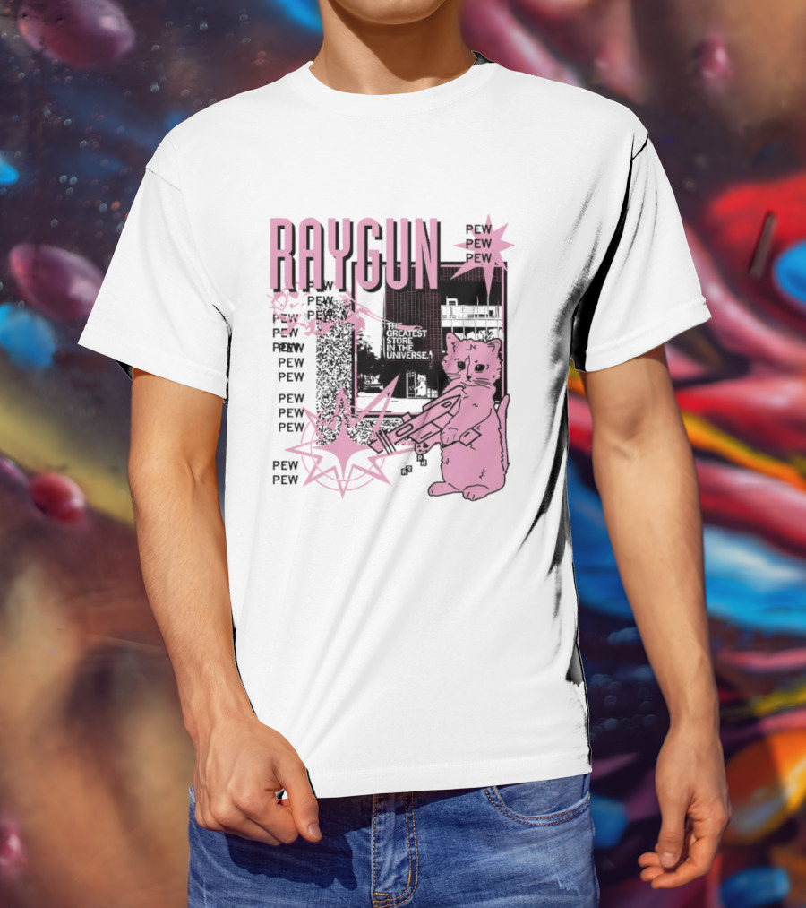 RAYGUN Cat Pew Pew Sci Fi Retro Feline Blaster Adventure T-Shirt