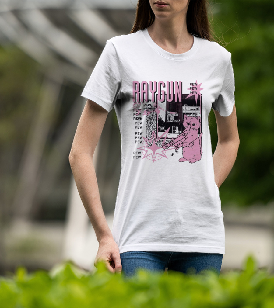 RAYGUN Cat Pew Pew Sci Fi Retro Feline Blaster Adventure T-Shirt