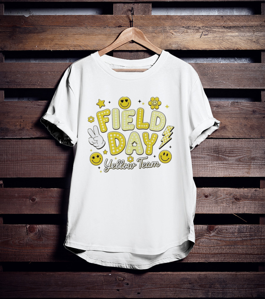 Field Day Yellow Team Smiley Faces Peace Sign Stars And Lightning Bolt T-Shirt