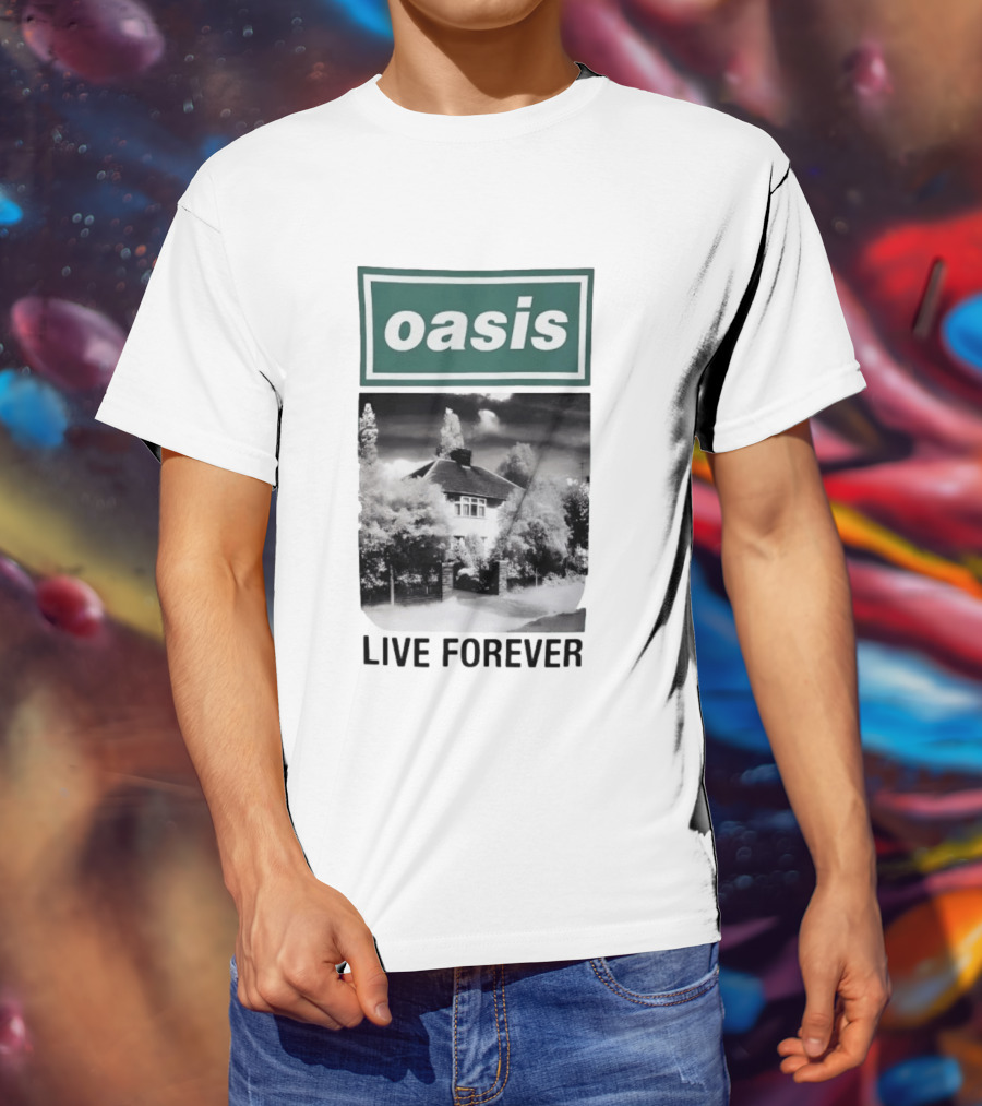 Oasis Live Forever Black And White House Image T-Shirt