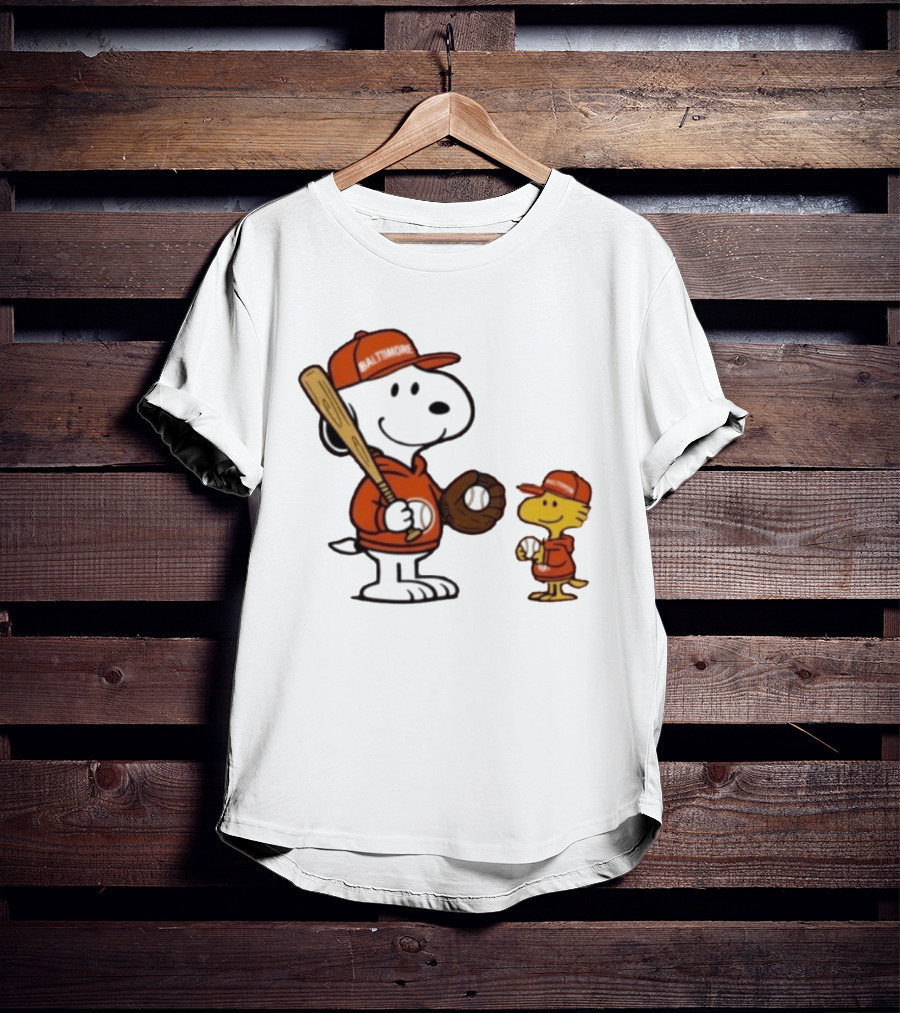 Snoopy Woodstock Baseball Baltimore Orioles Fan Gear T-Shirt