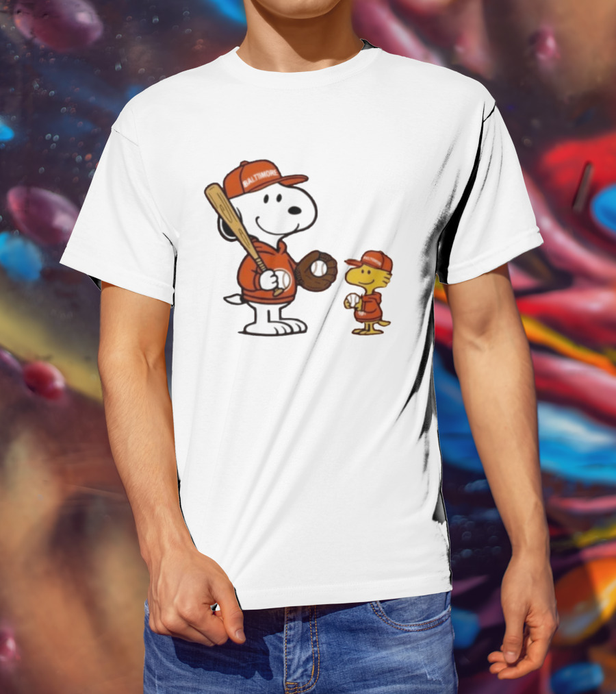 Snoopy Woodstock Baseball Baltimore Orioles Fan Gear T-Shirt