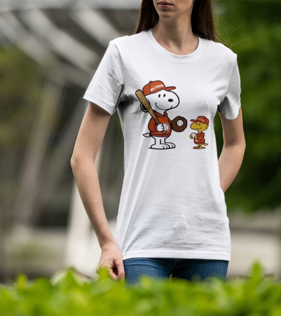 Snoopy Woodstock Baseball Baltimore Orioles Fan Gear T-Shirt