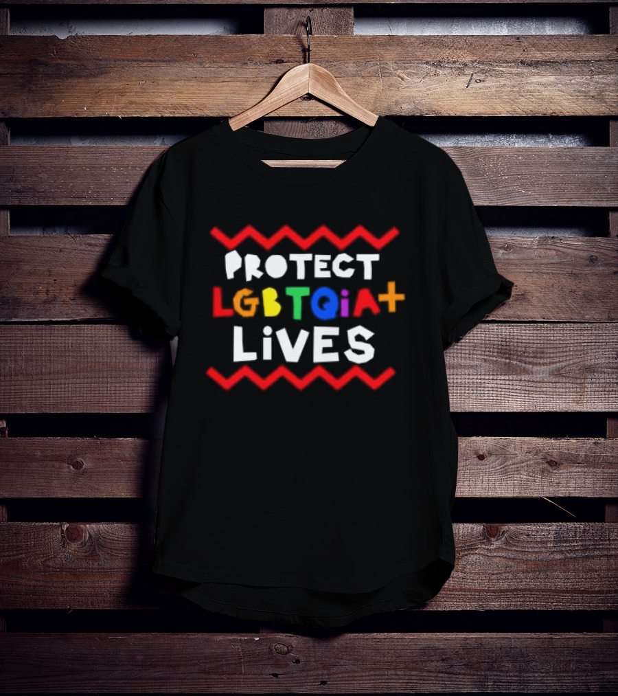 Protect LGBTQIA+ Lives Rainbow Letters With Red Zigzag Lines T-Shirt