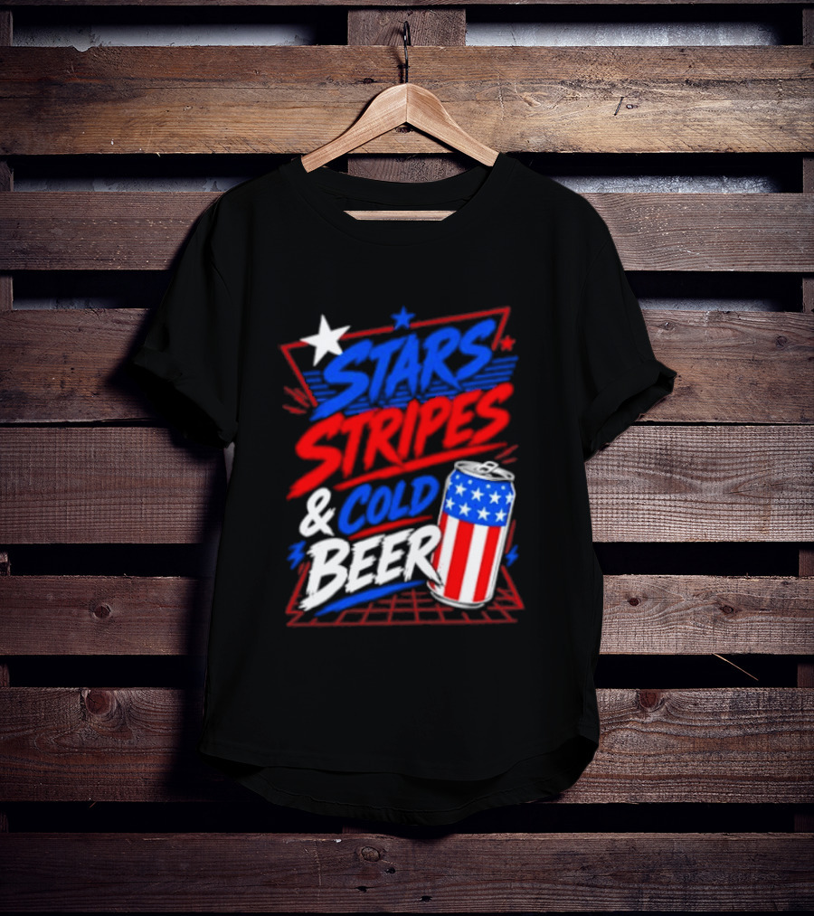 Stars Stripes And Cold Beer American Flag Can Patriotic Celebration T-Shirt