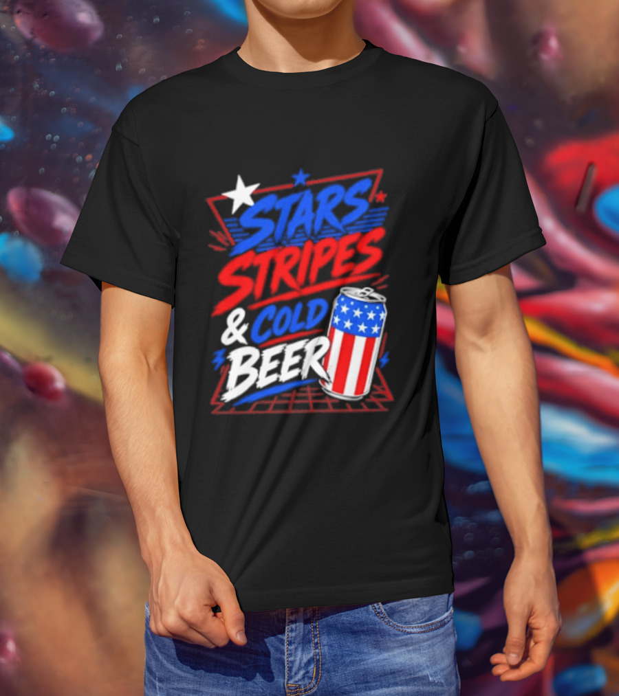 Stars Stripes And Cold Beer American Flag Can Patriotic Celebration T-Shirt