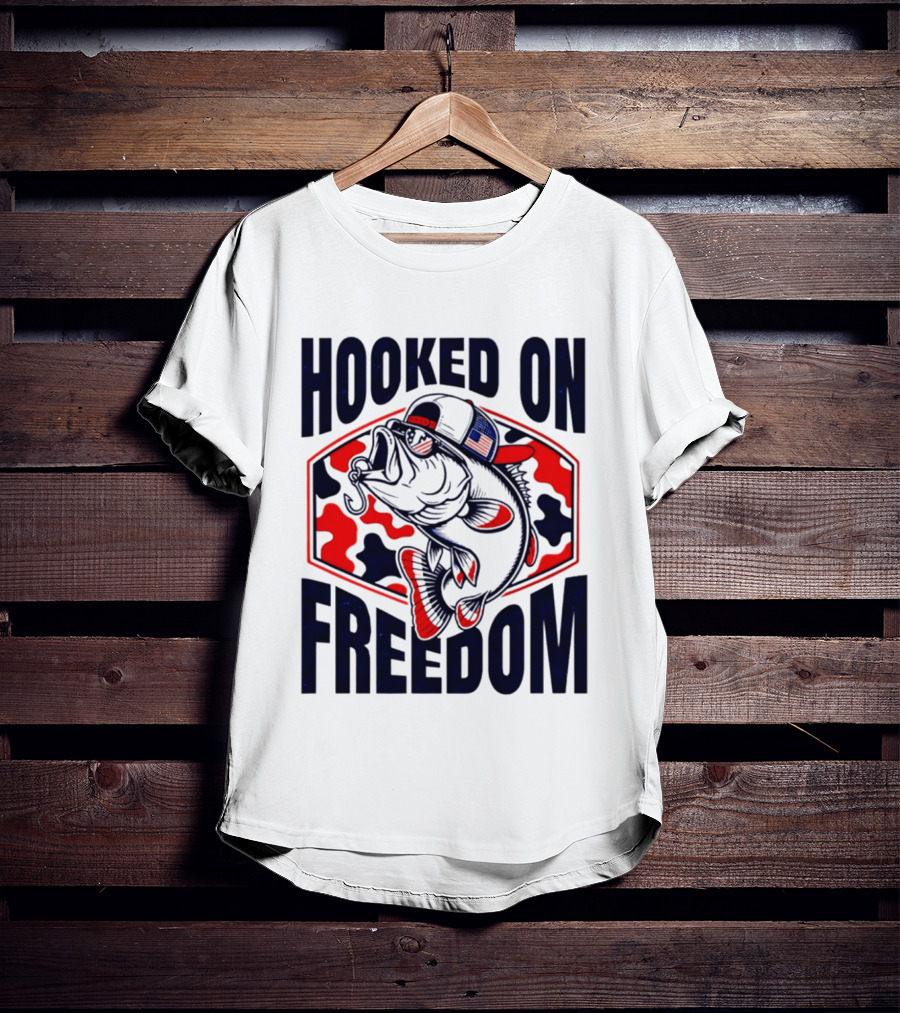 Hooked On Freedom Patriotic Fish Camo Hat T-Shirt