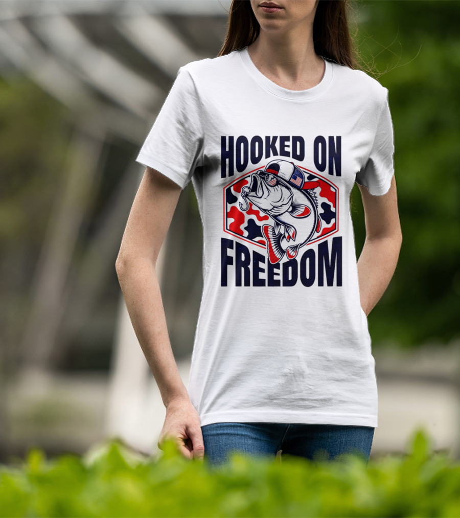 Hooked On Freedom Patriotic Fish Camo Hat T-Shirt