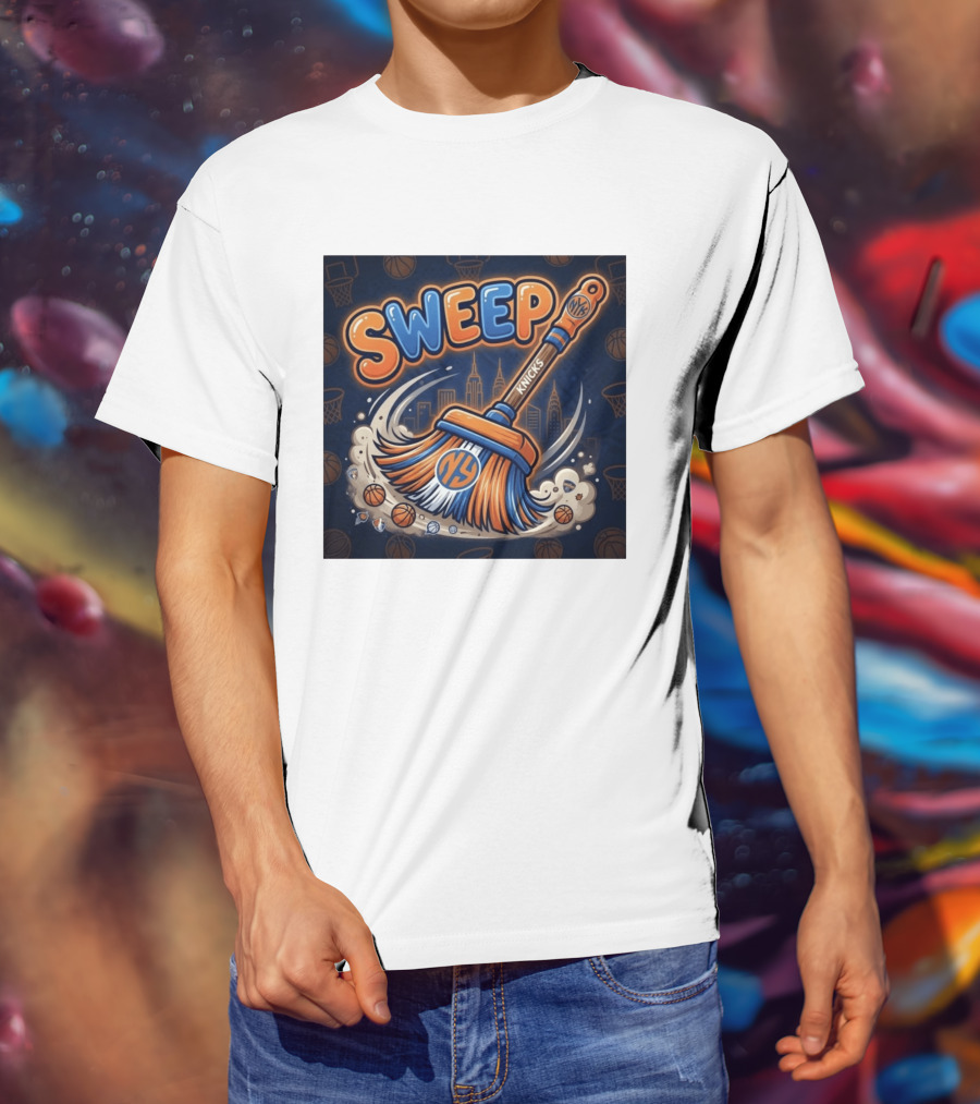 New York Knicks Sweep East Champs Basketball Skyline Broom T-Shirt