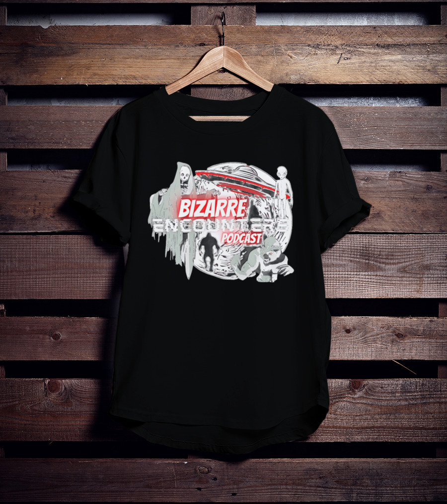 Bizarre Encounters Podcast UFO Aliens Skeletons Paranormal Illustrations T-Shirt