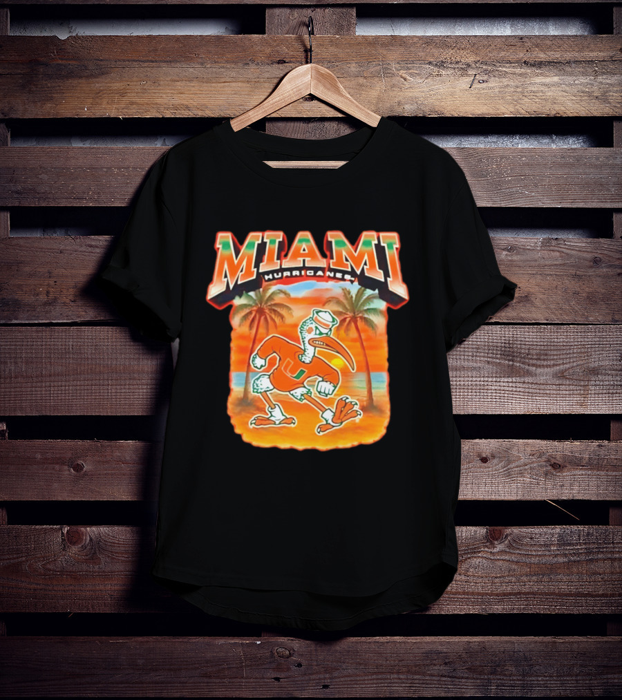Miami Hurricanes Sebastian With Palm Trees And Sunset Beach Scene T-Shirt
