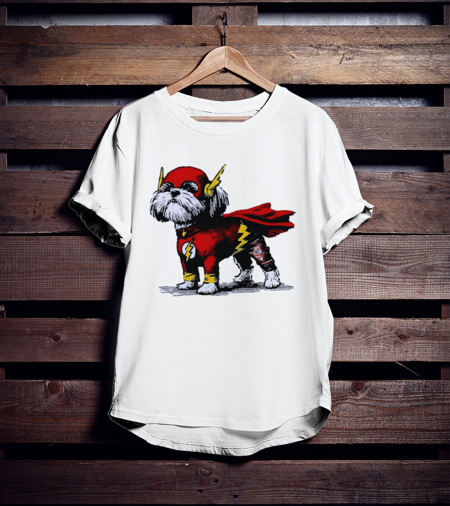 Shih Tzu Dog In The Flash Superhero Costume With Lightning Bolt T-Shirt