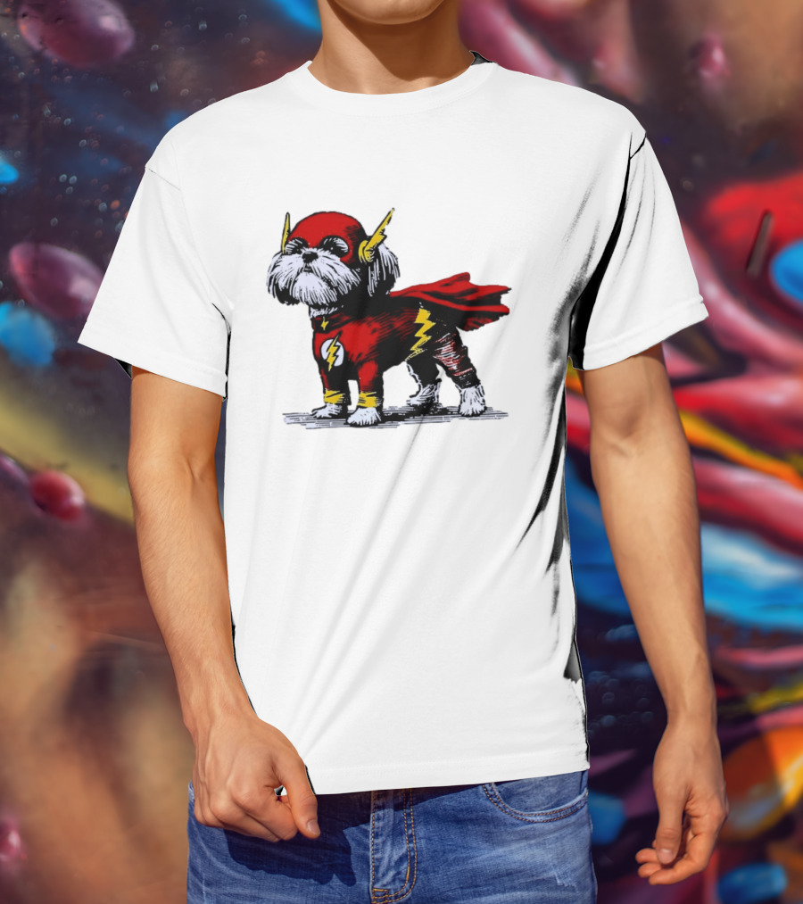 Shih Tzu Dog In The Flash Superhero Costume With Lightning Bolt T-Shirt