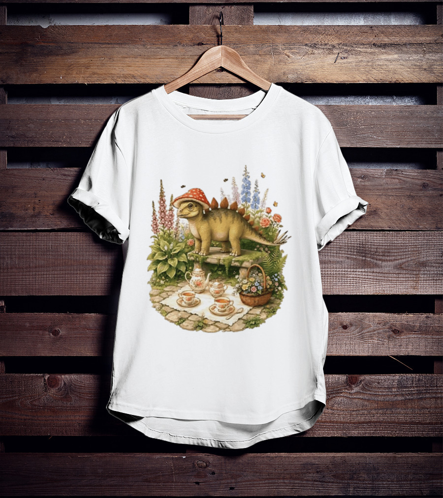 Baby Stegosaurus Wearing Red Mushroom Hat With Vintage Tea Party Garden Scene T-Shirt