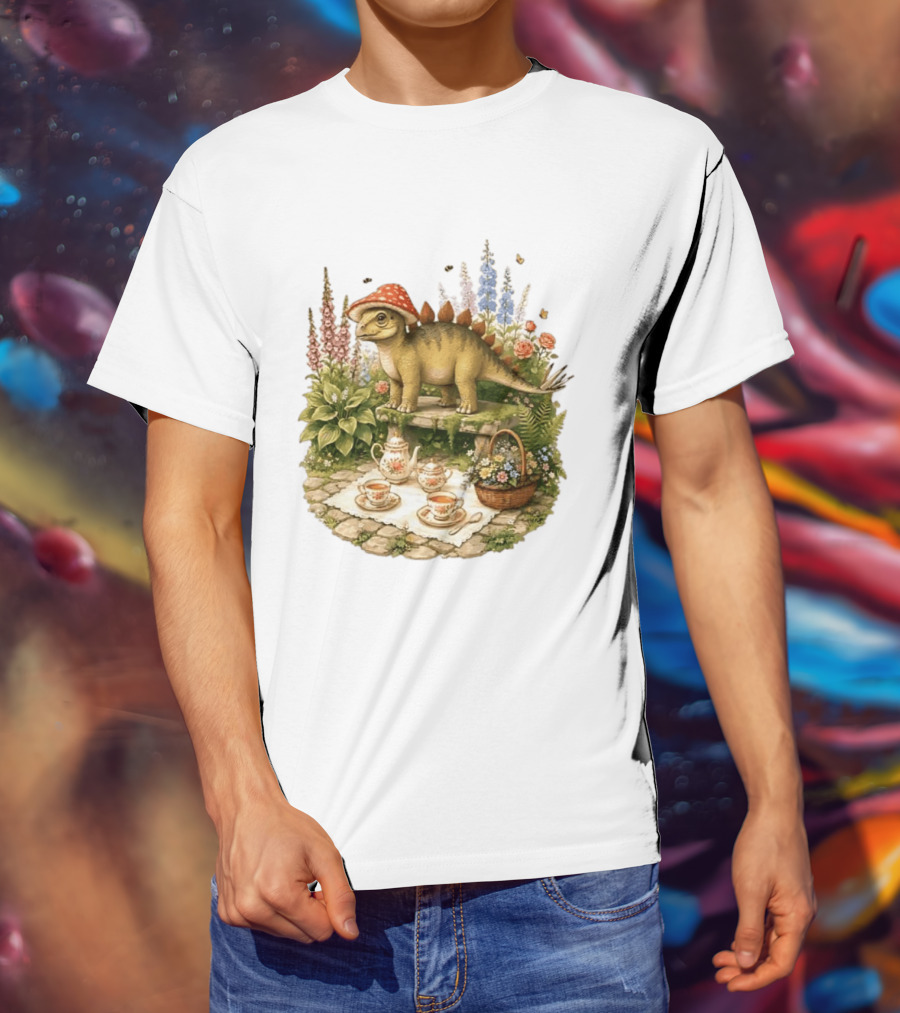 Baby Stegosaurus Wearing Red Mushroom Hat With Vintage Tea Party Garden Scene T-Shirt