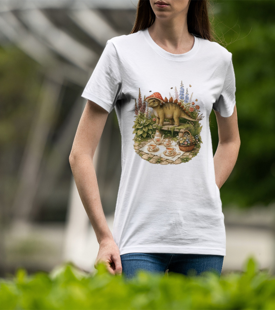 Baby Stegosaurus Wearing Red Mushroom Hat With Vintage Tea Party Garden Scene T-Shirt