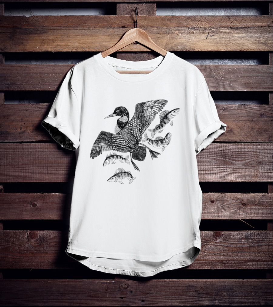 Common Loon And Fish Nature Scene Black T-Shirt