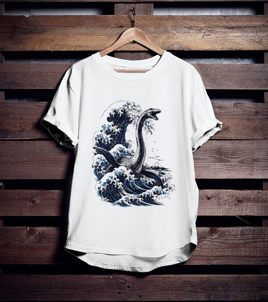 Great Wave Off Kanagawa Loch Ness Monster Mount Fuji Fusion T-Shirt