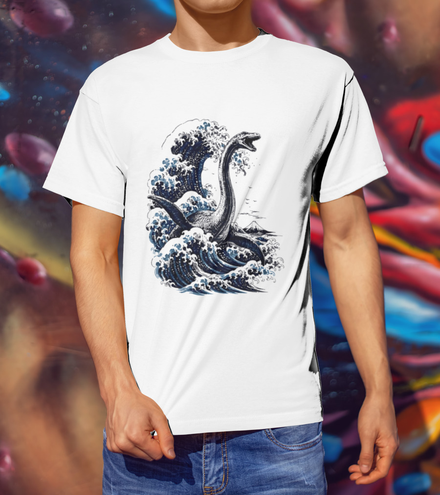 Great Wave Off Kanagawa Loch Ness Monster Mount Fuji Fusion T-Shirt