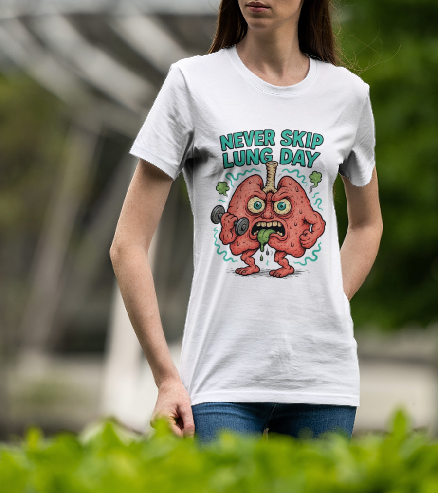 Never Skip Lung Day Funny Fitness Cartoon Lungs Lifting Weights T-Shirt