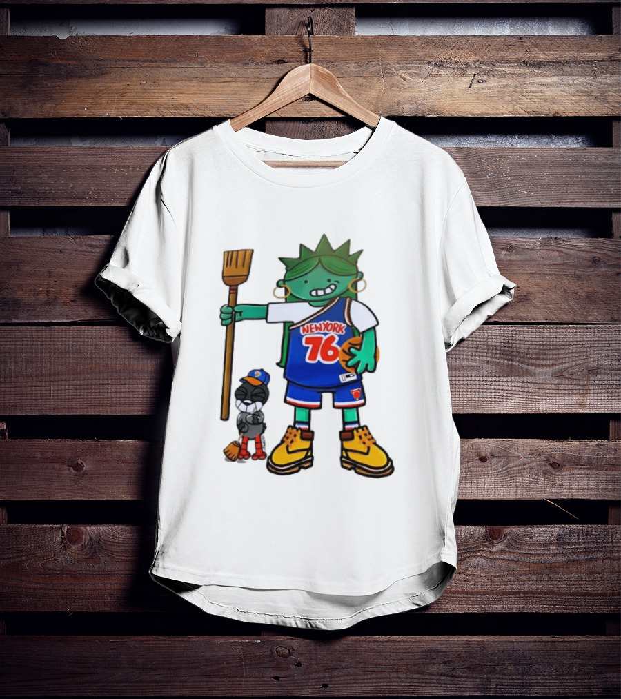 New York 76 Knicks Statue Liberty Broom Basketball 2024 T-Shirt